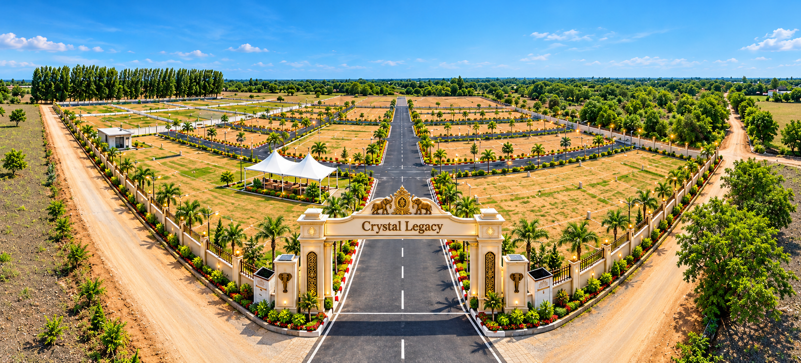 Elephant-crest entrance avenue of Crystal's Legacy