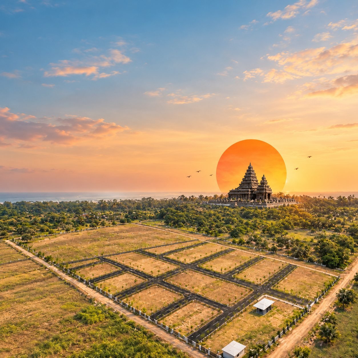 Shore Temple at sunset above the Crystal's Legacy plotted layout, Mahabalipuram
